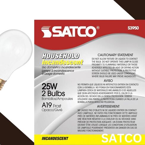 Satco S3950 A19 Incandescent Bulb, 25W, 130V, Frosted Finish, 180 Lumens, Medium E26 Base, Dimmable, 2700K Warm White, 2,500 Hour Lifespan (24 Bulbs) in Saudi Arabia