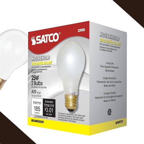 Satco S3950 A19 Incandescent Bulb, 25W, 130V, Frosted Finish, 180 Lumens, Medium E26 Base, Dimmable, 2700K Warm White, 2,500 Hour Lifespan (24 Bulbs) in Saudi Arabia