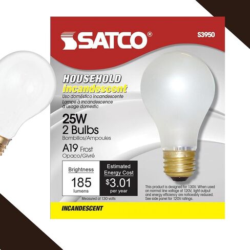Satco S3950 A19 Incandescent Bulb, 25W, 130V, Frosted Finish, 180 Lumens, Medium E26 Base, Dimmable, 2700K Warm White, 2,500 Hour Lifespan (12 Bulbs) in Saudi Arabia