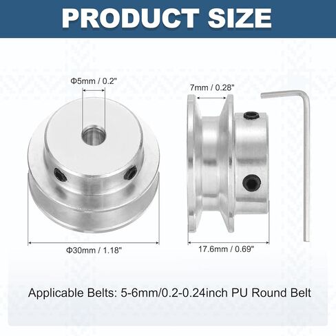 PATIKIL 5mm Fixed Bore 30mm OD Single Groove Pulley, Aluminum Alloy Mechanical V-Belt Pulley with Hex Wrench for Motor Shaft Drilling Machine 5-6 mm PU Round Belt, Silver in Saudi Arabia