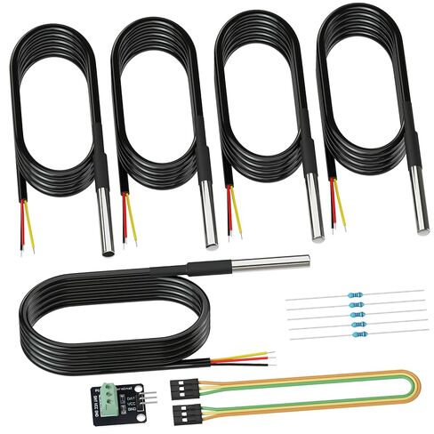 DROK 5 Pack Waterproof DS18B20 Temperature Sensor Probes with a Probe Adapter Board, 3 pin Female to Female Jumper Wires and 5 Pack 4.7K ohm Resistors for Arduino Raspberry Pi DIY in Kuwait