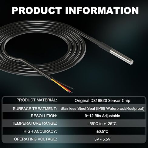 DROK 5 Pack Waterproof DS18B20 Temperature Sensor Probes with a Probe Adapter Board, 3 pin Female to Female Jumper Wires and 5 Pack 4.7K ohm Resistors for Arduino Raspberry Pi DIY in Kuwait