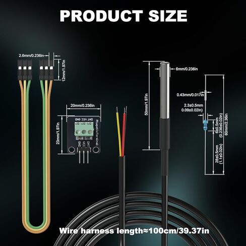 DROK 5 Pack Waterproof DS18B20 Temperature Sensor Probes with a Probe Adapter Board, 3 pin Female to Female Jumper Wires and 5 Pack 4.7K ohm Resistors for Arduino Raspberry Pi DIY in Kuwait