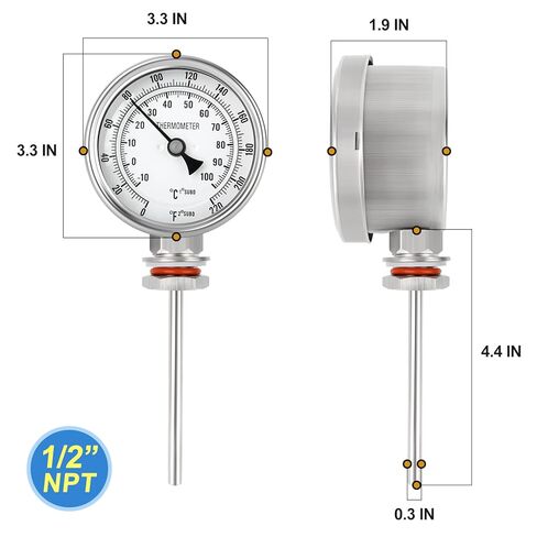 MEANLIN MEASURE 1/2" NPT Bimetal Thermometer, 3.3" Dial, 4.4" Stainless Steel Stem, Accuracy 2%, Lower Mount, Temperature Range 0-220°F/-10-100°C for Hot Water, Boilers and Pipes in Saudi Arabia