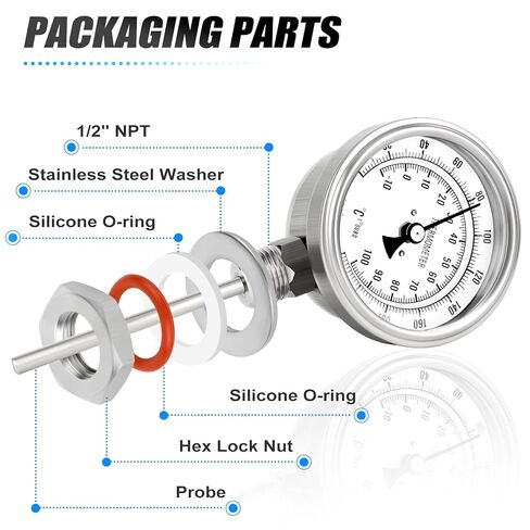 MEANLIN MEASURE 1/2" NPT Bimetal Thermometer, 3.3" Dial, 4.4" Stainless Steel Stem, Accuracy 2%, Lower Mount, Temperature Range 0-220°F/-10-100°C for Hot Water, Boilers and Pipes in Saudi Arabia