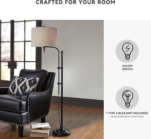 تصميم مميز من Ashley Anemoon مصباح أرضي معدني كاجوال مقاس 64.63 بوصة مع ذراع قابل للتعديل، أسود in Kuwait