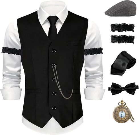 1920s رجل غاتسبي العصابات زي مجموعة من ست قطع قبعة ، سترة ، ساعة جيب خمر ، ربطة القوس فيونكة ، ربطة عنق ، حلقات الذراع in Kuwait