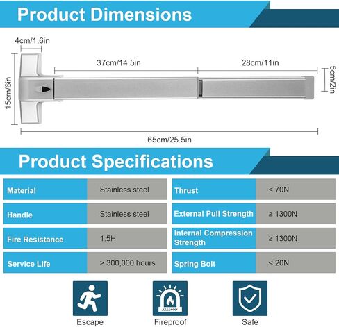 25.5" Commercial Panic Exit Device - Stainless Steel Push Bar Door Lock for Single/Double Doors, Anti-Corrosion Emergency Exit Hardware (Surface Mount) in Kuwait