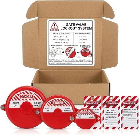 طقم قفل صمام البوابة مكون من 3 قطع، مجموعة أجهزة Nesting Loto (تناسب مقابض من 1 بوصة إلى 6.5 بوصة)، أغطية قفل صمام ABS الصناعية مع 3 علامات خطر PVC شديدة التحمل للامتثال للسلامة OSHA، أحمر in Kuwait