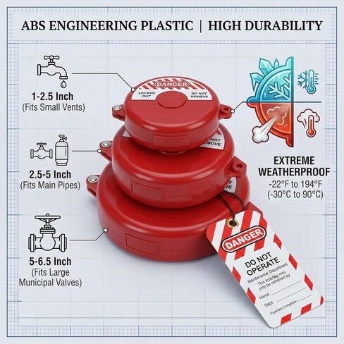 طقم قفل صمام البوابة مكون من 3 قطع، مجموعة أجهزة Nesting Loto (تناسب مقابض من 1 بوصة إلى 6.5 بوصة)، أغطية قفل صمام ABS الصناعية مع 3 علامات خطر PVC شديدة التحمل للامتثال للسلامة OSHA، أحمر in Kuwait