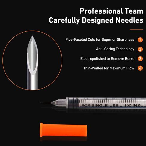 U-100 1 مل 31 جيجا حقنة للاستعمال مرة واحدة وإبرة 31 جرام × 6 مم (1/4 بوصة)، مستلزمات توزيع المختبر، 100 عبوة in Kuwait