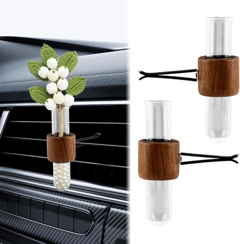 ‌قطعتان من مشبك تهوية مزهرية دائرية من خشب الجوز الأسود - حامل نبات أنبوب اختبار زجاجي للديكور الجمالي الداخلي للسيارات، للنساء، محبي النباتات‌ in Kuwait