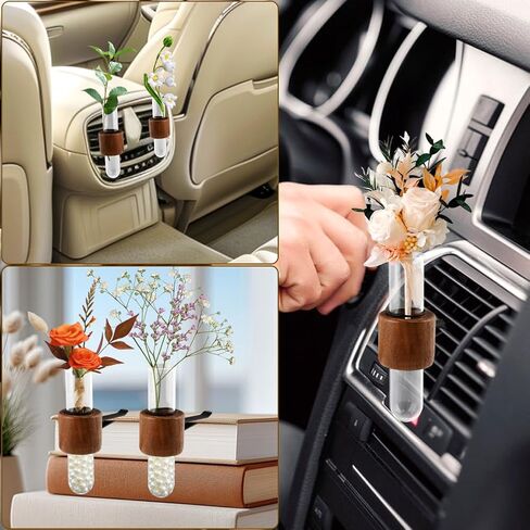 ‌قطعتان من مشبك تهوية مزهرية دائرية من خشب الجوز الأسود - حامل نبات أنبوب اختبار زجاجي للديكور الجمالي الداخلي للسيارات، للنساء، محبي النباتات‌ in Kuwait