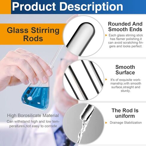 قضبان تقليب زجاجية مقاس 6 × 5 مم، قضبان تحريك ذات نهاية مستديرة من البورسليكات للمختبر والفصول الدراسية والمنزل، 12 عبوة in Kuwait