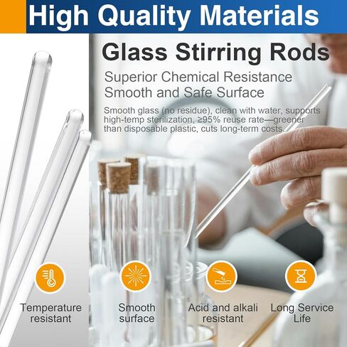 قضبان تقليب زجاجية مقاس 6 × 5 مم، قضبان تحريك ذات نهاية مستديرة من البورسليكات للمختبر والفصول الدراسية والمنزل، 12 عبوة in Kuwait
