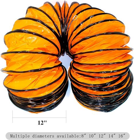 12"×25FT PVC Flexible Duct Hose, Flame Retardant HVAC Ducting with Adjustable Rope, D Hook & Steel Support for Ventilation, Exhaust, Drying, and Cooling Applications in Saudi Arabia