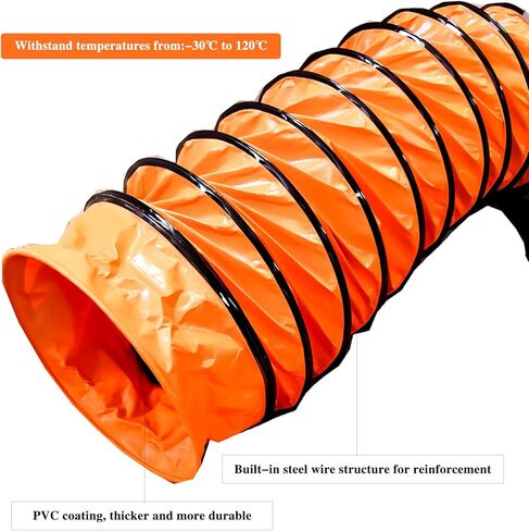 12"×25FT PVC Flexible Duct Hose, Flame Retardant HVAC Ducting with Adjustable Rope, D Hook & Steel Support for Ventilation, Exhaust, Drying, and Cooling Applications in Saudi Arabia