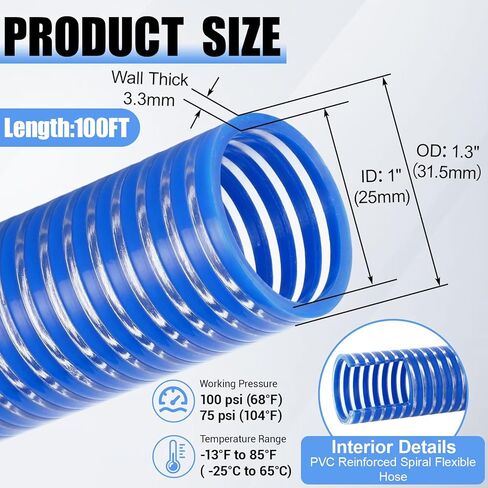 خرطوم الشفط Pangda PVC مقاس 1 بوصة × 100 قدم، خرطوم تفريغ صناعي وزراعي مرن مقوى بدرجة حرارة منخفضة باللون الأزرق لمضخة المياه، 90 رطل لكل بوصة مربعة أقصى ضغط in Kuwait