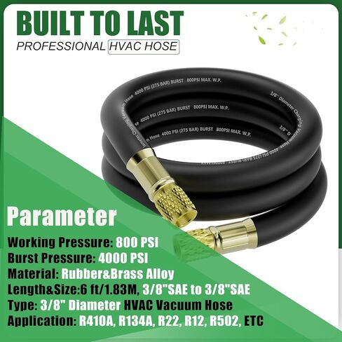 HV1 6Ft 3/8" ID HVAC خرطوم مكنسة كهربائية، تركيبات 3/8" إلى 3/8"، 800 رطل لكل بوصة مربعة تعمل / 4000 رطل لكل بوصة مربعة ضغط انفجاري، خرطوم فراغ عالي التدفق متوافق مع معظم معدات التبريد وتكييف الهواء in Kuwait