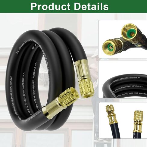 HV1 6Ft 3/8" ID HVAC خرطوم مكنسة كهربائية، تركيبات 3/8" إلى 3/8"، 800 رطل لكل بوصة مربعة تعمل / 4000 رطل لكل بوصة مربعة ضغط انفجاري، خرطوم فراغ عالي التدفق متوافق مع معظم معدات التبريد وتكييف الهواء in Kuwait