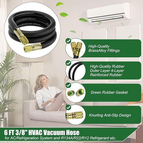 HV1 6Ft 3/8" ID HVAC خرطوم مكنسة كهربائية، تركيبات 3/8" إلى 3/8"، 800 رطل لكل بوصة مربعة تعمل / 4000 رطل لكل بوصة مربعة ضغط انفجاري، خرطوم فراغ عالي التدفق متوافق مع معظم معدات التبريد وتكييف الهواء in Kuwait
