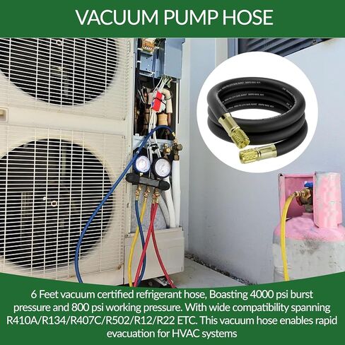 HV1 6Ft 3/8" ID HVAC خرطوم مكنسة كهربائية، تركيبات 3/8" إلى 3/8"، 800 رطل لكل بوصة مربعة تعمل / 4000 رطل لكل بوصة مربعة ضغط انفجاري، خرطوم فراغ عالي التدفق متوافق مع معظم معدات التبريد وتكييف الهواء in Kuwait