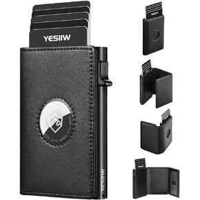 محفظة Airtag للرجال مع حامل بطاقة هوائية من الجلد المحبب العلوي، محفظة للرجال من Apple Air Tag، حامل بطاقة ائتمان منبثق مع جيب مخفي ثلاثي الطي، يحمل سعة 10 بطاقات، نافذة لبطاقة الهوية (أسود) in Kuwait