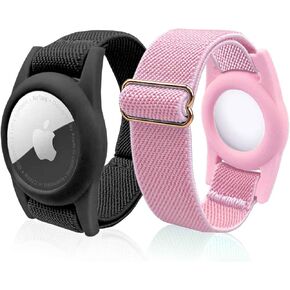 4 Pack Airtag Bracelet for Kids, AirTag Holder with Adjustable Stretchy Nylon Watch Band, Anti-Lost Apple Air Tag Case Loop for Child, Toddler, Wallet, AirTag Wristband Kids (Black)
