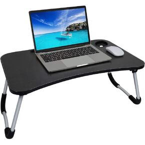 Laptop Bed Table, Foldable Portable Lap Standing Desk with Cup Slot, Notebook Stand Breakfast Bed Tray Book Holder Garden - Black in Kuwait