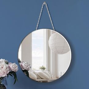 مرآة فضية مستديرة من QMDECOR مع سلسلة حديدية لديكور الحائط بقطر دائرة 11.5 بوصة إطار تعليق على الحائط أقل مرآة مرآة صغيرة للحرف اليدوية