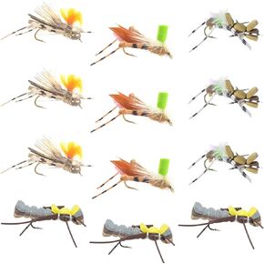 The Fly Fishing Place Trout Fly Assortment - Foam Body High Visibility Grasshopper Dry Fly Collection - 1 Dozen Flies - Hook Size 10 - Fly Fishing Hopper Dropper