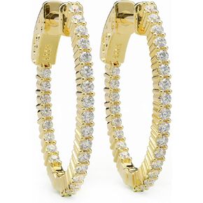 14K Yellow Gold Plated or 925 Rhodium Plated Inside-Outside Oval Hinged Hoop Earrings | Small, Medium, Large | 24mm to 35mm | 5A Cubic Zirconia (cz) | Latch Safety Clasp | By Adora Fine Jewelry