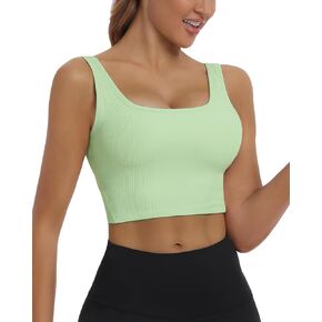 Womens Sports Bra Longline Padded Wirefree Workout Tops Medium Support Seamless Ribbed Crop Tops Gym Yoga Tank Shirts