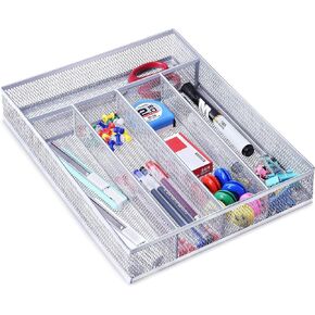 WuGeShop Desk Drawer Organizer with 6 Compartments, Mesh Drawer Organizer Tray for Stationery, Office Supplies Desktop Storage, Black