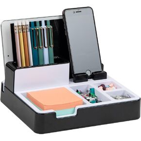 Mind Reader Desktop Organizer Charging Station, Accessory Storage, Workspace, Office, 8.5" L x 7.25" W x 3.5" H, Black and White
