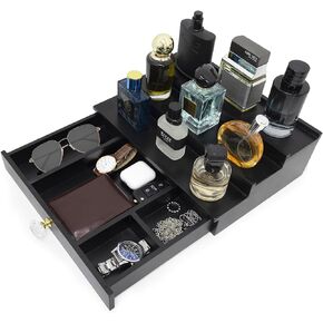 Cologne Organizer for Men 3 Tier Wood Stand with Drawer (Black2)