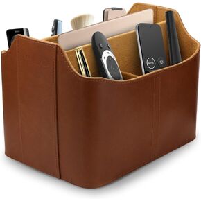 Londo PU Leather Remote Control Holder, Office Supplies Desk Organizer with Tablet Slot, Makeup Brush and Utensils Cube, Large Capacity Desk Caddy with 5 Compartments