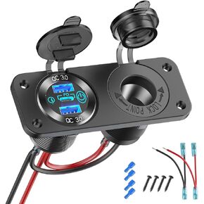 12V USB Outlet Marine Switch Panel 12 Volt Plug, PD3.0 & Dual Quick Charge 3.0 USB Ports Aluminum Car Charger with Power Switch, Waterproof 150W Cigarette Lighter Socket 2 in 1 DIY Kit for Boat RV ATV