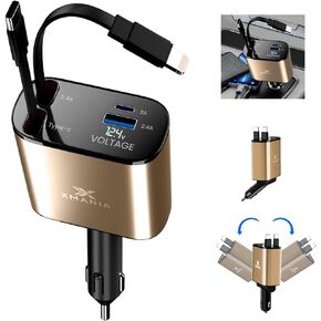 4 in 1 Retractable Car Charger - Super-Fast 120W Car Charger Retractable Cord 2.6 Ft with 2 USB C Ports, and Voltage Display, Compatible with All iPhone, Samsung, and Pixel Phones, Gold