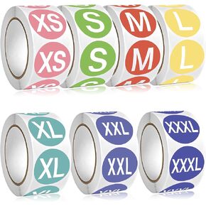 3500 PCS Clothing Size Stickers T-Shirt Size Labels 1 Inch Round Self Adhesive Stickers for Clothes Shirts Skirts Retail, 7 Rolls, 7 Sizes(XS, S, M, L, XL, XXL, XXXL), Multi Colors
