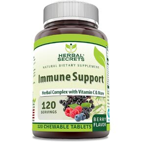Herbal Secrets Immune Support with Vitamin C & Elderberry | Berry Flavor Chewable Tablets | 120 Count | Non-GMO | Glute-Free | Made in USA