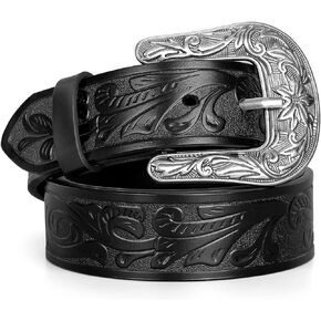 Western Belt for Women Men Cowgirl Cowboy Floral Engraved Tooled Leather Belt with Buckle for Jeans Pants Rodeo