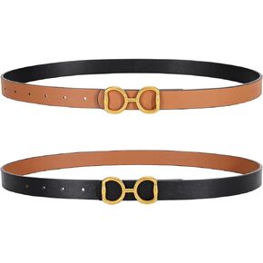 KASBAH Thin Reversible Leather Belt for Women Skinny Ladies Waist Belt for Jeans Dresses with Gold Buckle,0.9" Width