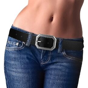 Womens Girl Female Ladies Reversible Faux Leather Black Coffee Belts for Jeans Pants with Vintage Silver Buckle and Plus Size(1-XXL)