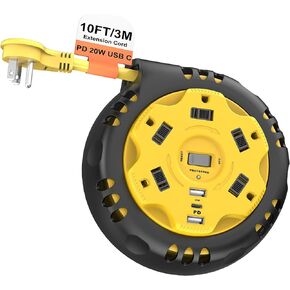Retractable Power Strip Extension Cord Reel with USB C PD 20W, Flat Plug Travel Power Strip Surge Protection with 5 AC 3 USB Ports, 10FT Travel Extension Cord Portable Outlet, Black Grey