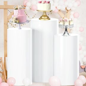 FUHSY Cylinder Pedestal Stands for Parties 5 PCS Round Cylinder Stand White Cylinder Pillar Stand Cake Pedestal Stand Display Party Plinth Table for Wedding Birthday Baby Bridal Shower Decoration