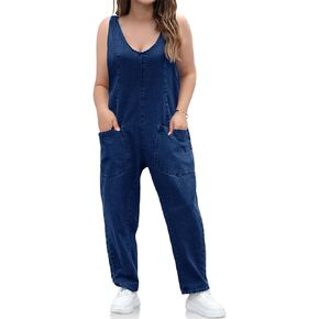 Beautife Womens Plus Size Denim Jumpsuits Casual Loose Sleeveless V Neck Jeans Overalls Jumpsuits