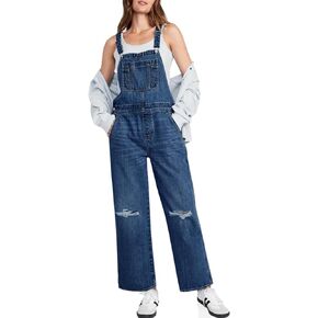 PLNOTME Womens Denim Overalls Ripped Wide Leg Baggy Adjustable Strap Casual Jeans Overall Jumpsuits