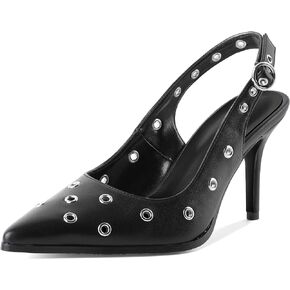Eldof Women Slingback Heels Studded Eyelet Pointed Toe Slip On Stilettos High Heel Pumps Shoes Dressy 3.5 Inches