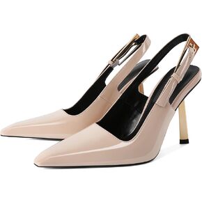 Eldof Slingback Heels for Women Metallic Buckle Square Toe Slip On Gold Stilettos High Heel Pumps Shoes Dressy 4 Inches